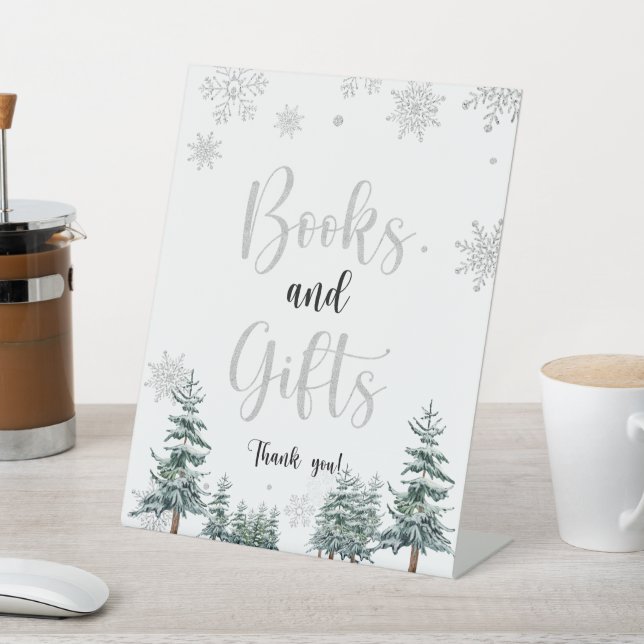 Books and Gifts sign, winter silver glitter sign (In SItu)