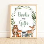 Books and gifts woodland greenery baby shower sign<br><div class="desc">For more advanced customization of this design,  simply select the "Customize It" button above!</div>