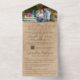 Books and Rose Watercolor Add Photo Rustic Wedding All In One Invitation