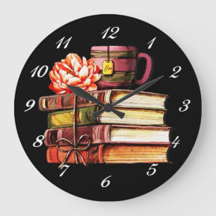 Books And Tea Black Large Clock