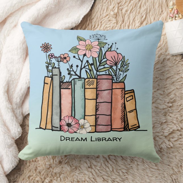 Books and wild flowers dream library blue green  throw pillow (Blanket)