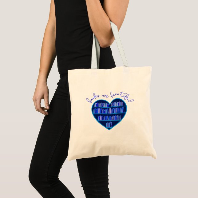 "Books Are Beautiful" heart-shaped bookshelf tote (Front (Product))