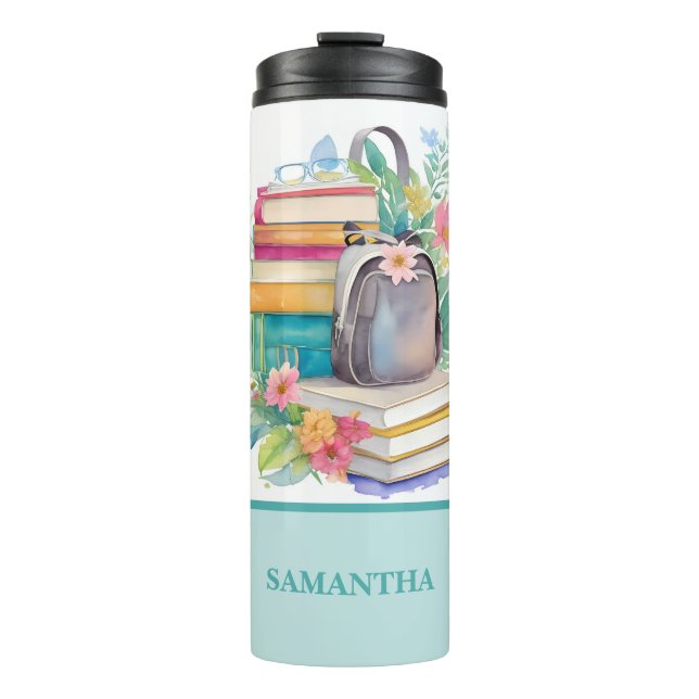 Books Backpack &Flowers Colourful Watercolor Thermal Tumbler (Front)