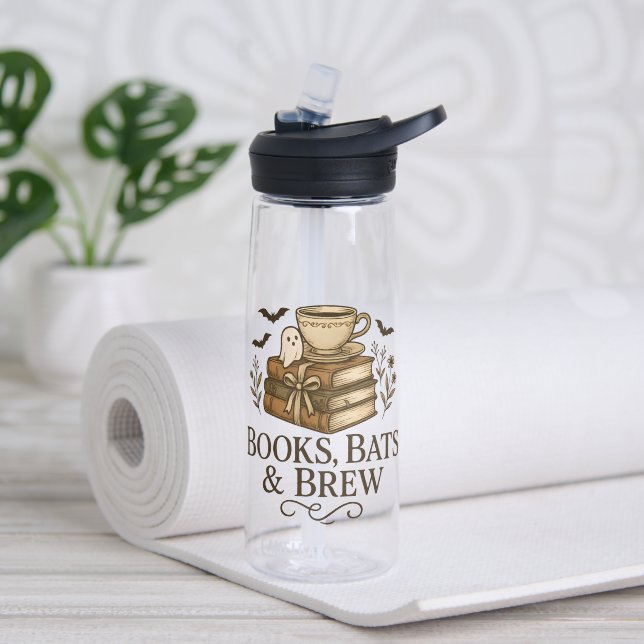 Books Bats & Brew Ghost Halloween Vintage Fall Water Bottle (Yoga (Rotated))