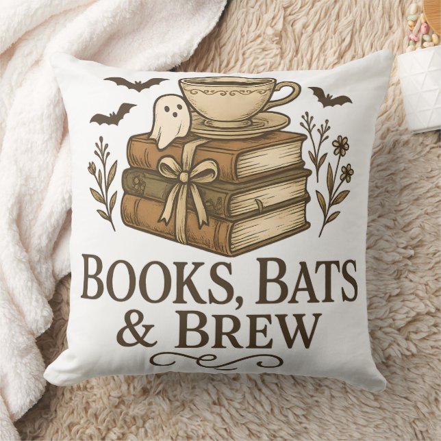 Books Bats Brew Halloween Coffee Reader Art Throw Pillow (Blanket)