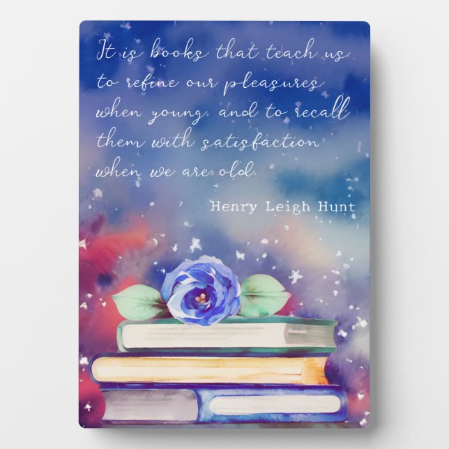 Books & Blue Flower Watercolor Script Custom Quote Plaque (Front)