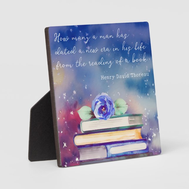 Books & Blue Flower Watercolor Script Custom Quote Plaque (Front)