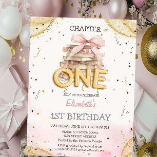 Books Bow Confetti Watercolor 1st Birthday  Invitation