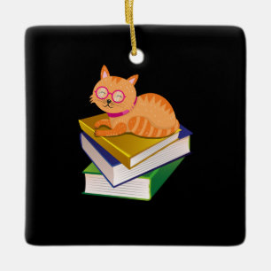 Books - Cat and Books Book Lover Gift Ceramic Ornament