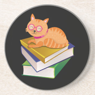 Books - Cat and Books Book Lover Gift Coaster