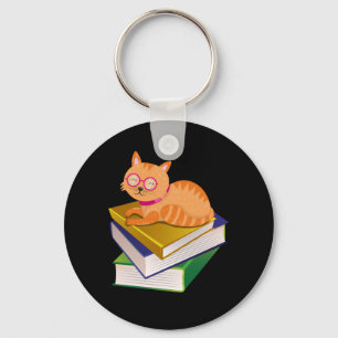 Books - Cat and Books Book Lover Gift Keychain
