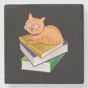 Books - Cat and Books Book Lover Gift Stone Coaster