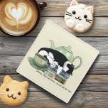 Books Cat Tea Cute Glass Coaster<br><div class="desc">A cute black and white cat sleeping on a pile of books with a green teapot and cup of tea.</div>