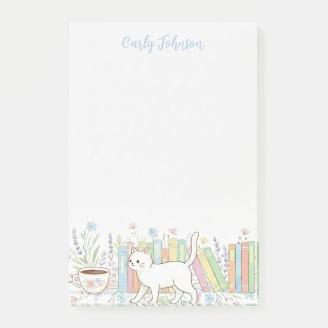 Books Cats & Coffee Floral Personalized Post-it Notes (Front)