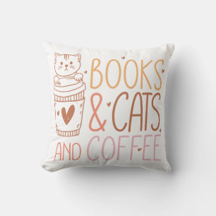 Books Cats Coffee Throw Pillow