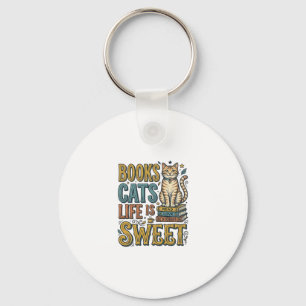 Books Cats Life Is Sweet Vintage Cat Reader Design Keychain