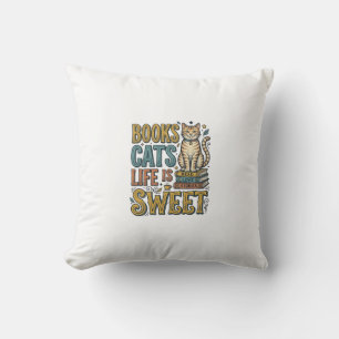 Books Cats Life Is Sweet Vintage Cat Reader Design Throw Pillow