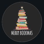 Books Christmas Tree Merry Bookmas Classic Round Sticker<br><div class="desc">Funny Christmas tree forming by books,  with Christmas ornaments and a Christmas star,  and the quote "Merry Bookmas". A cool and funny kind to celebrate Christmas eve.</div>