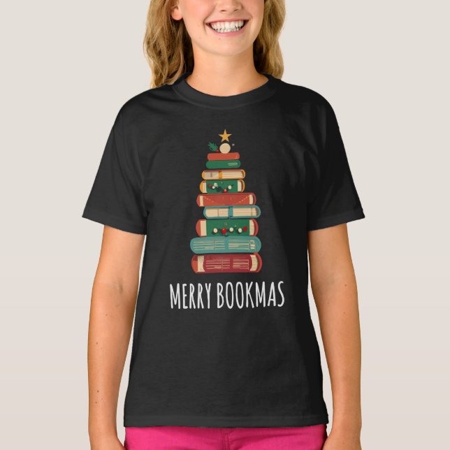Books Christmas Tree Merry Bookmas T-Shirt (Front)