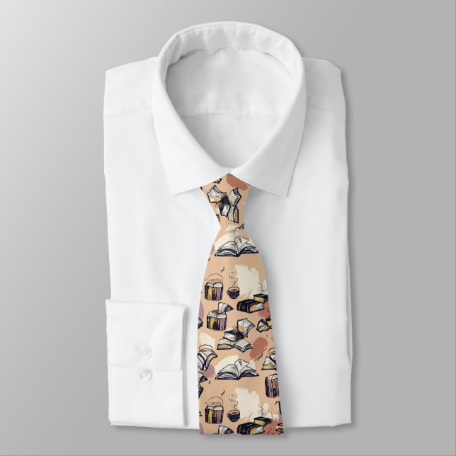 Books & Coffee Hand-Drawn Seamless Cozy Pattern Tie (Tied)