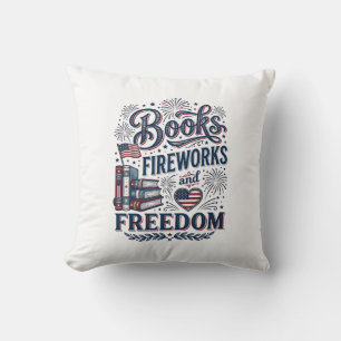 Books Fireworks and Freedom Patriotic Reader Shirt Throw Pillow