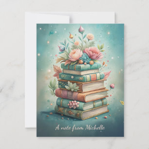 Books Floral Cottage Core Teal Pink Card