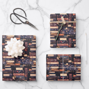 Books & Flowers on Black Wrapping Paper Sheet