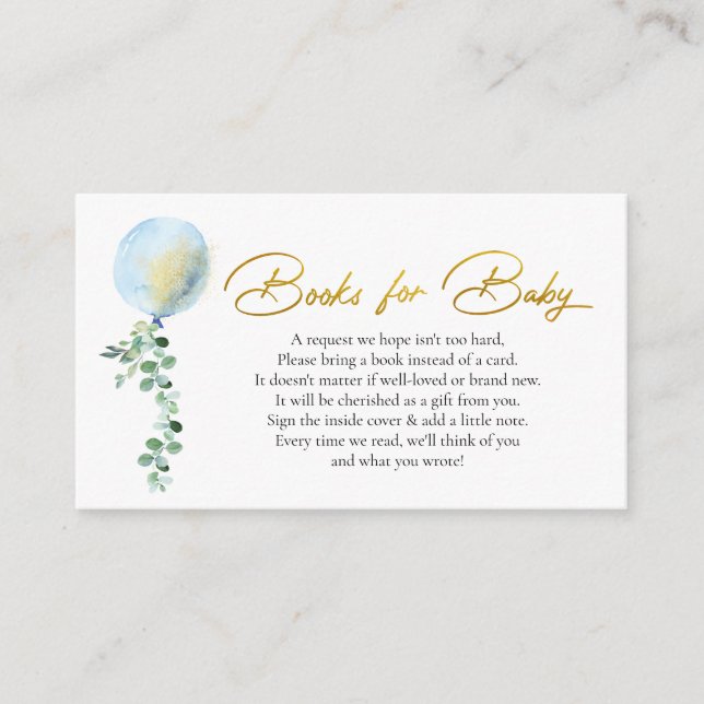 Books for baby boy blue balloons eucalyptus enclosure card (Front)