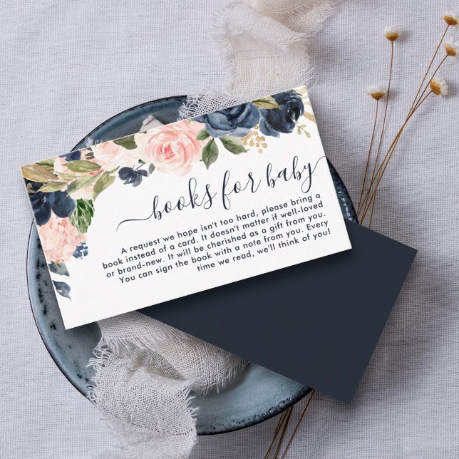 Books for Baby Navy Pink Blush Floral Baby Shower Enclosure Card (A unique baby shower idea is for the host to request books instead of cards with baby gifts.)