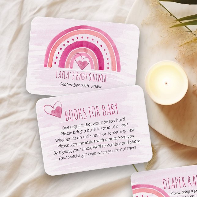 Books for Baby Pink Rainbow Baby Shower Enclosure Card (Books for Baby request card with pink rainbow)