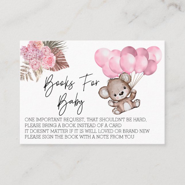 Books for Baby Shower Teddy Bear Balloons Boho Business Card (Front)
