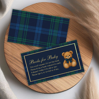 Books for Baby Shower Teddy Bear Blue Green Plaid  Business Card