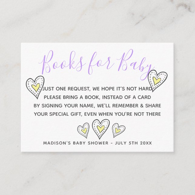 Books for Baby Yellow Love Hearts Baby Shower Enclosure Card (Front)