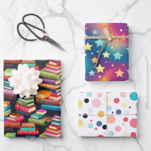 Books Galaxy Stars Colourful Polka Dot School Them Wrapping Paper Sheet