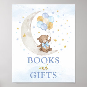 Books & Gifts Moon Teddy Bear Blue Gold Balloons Poster