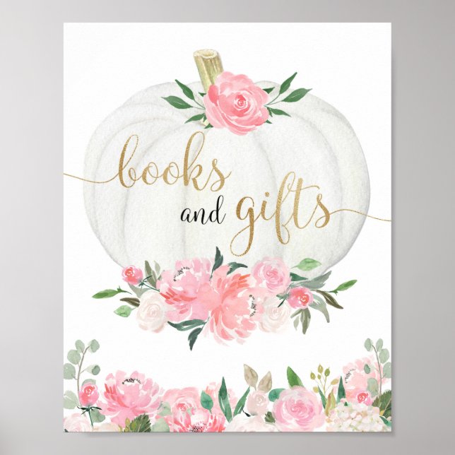 Books gifts sign pumpkin pink gold baby shower (Front)