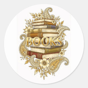 Books Gold Tone Art Readers Writers Bibliophiles Classic Round Sticker