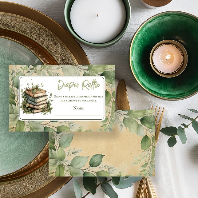 Books Leaves Next Chapter Diaper Raffle Enclosure Card (Vintage Elegance Books Leaves Baby Shower Diaper Raffle- "Our Next Chapter Begins . . ." Collection )