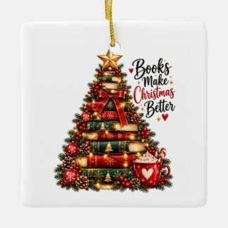 Books Make Christmas Better Festive Book Tree Ceramic Ornament