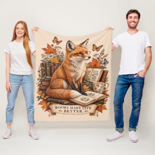 Books Make Life Better – Vintage Fox Reading Fleece Blanket