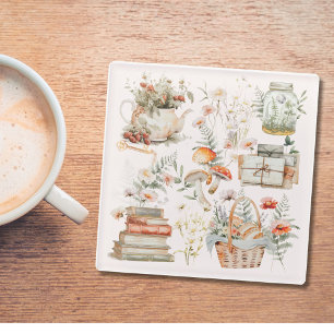 Books Mushroom Floral Whimsical Cottagecore Art Glass Coaster