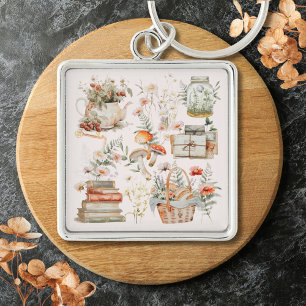 Books Mushroom Floral Whimsical Cottagecore Art Keychain