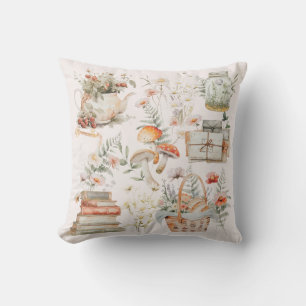 Books Mushroom Floral Whimsical Cottagecore Art Outdoor Pillow