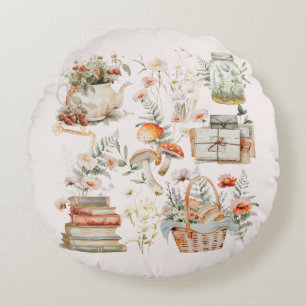 Books Mushroom Floral Whimsical Cottagecore Art Round Pillow