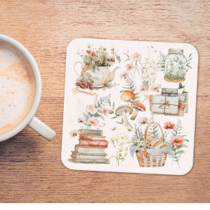 Books Mushroom Floral Whimsical Cottagecore Art Square Paper Coaster