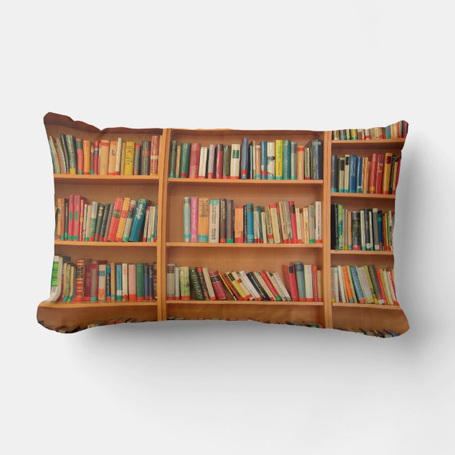 Books on Bookshelf Background Lumbar Pillow (Front)