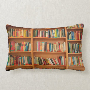Books on Bookshelf Background Lumbar Pillow