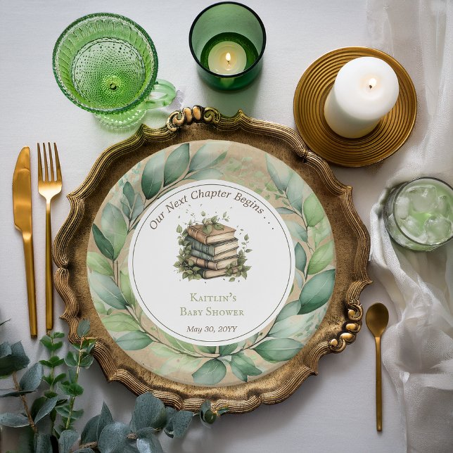Books Our Next Chapter Begins Baby Shower Paper Plate (Rustic Vintage Look Elegance "Our Next Chapter Begins . . ." Books Leaves Baby Shower Paper Plates)
