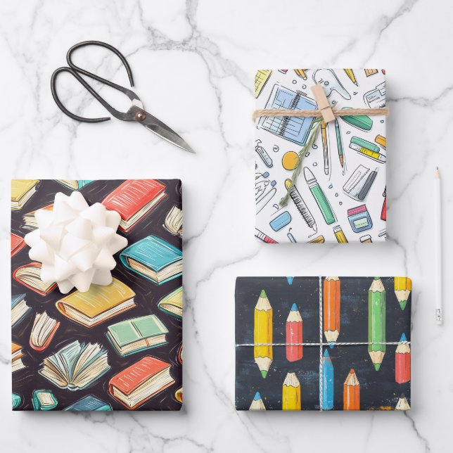Books & Pencils Chalk Drawing School Gift Wrapping Paper Sheet (Front)