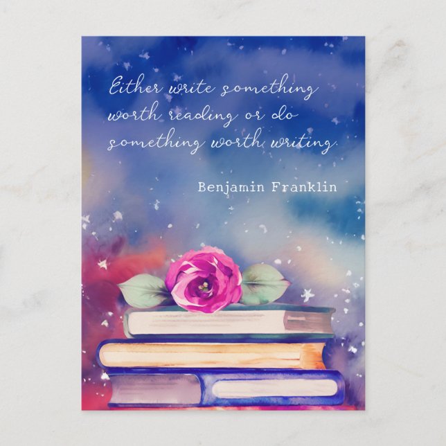 Books & Pink Flower Watercolor Script Custom Quote Postcard (Front)
